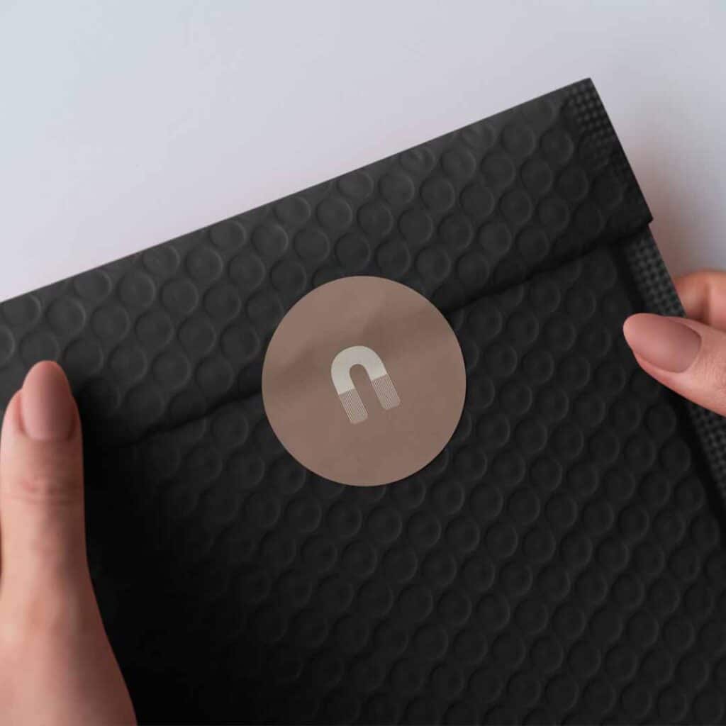 הדמייה של מדבקה ממותגת על מעטפה שחורה